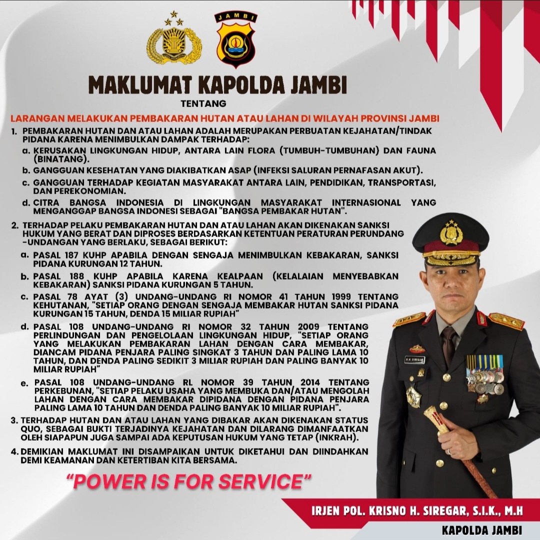 Kapolda Jambi Keluarkan Maklumat Terkait Karhutlah. 